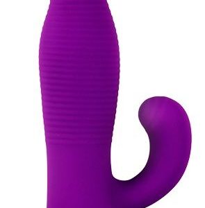 Фиолетовый вибромассажер со стимулятором клитора RIBBED DUO VIBE - 16 см.