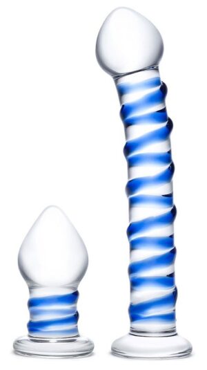 Набор из 2 стеклянных игрушек с синей спиралью Swirly Dildo & Buttplug Set