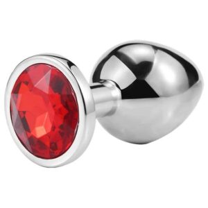 Серебристая анальная пробка iWonder c красным кристаллом - 7,2 см.