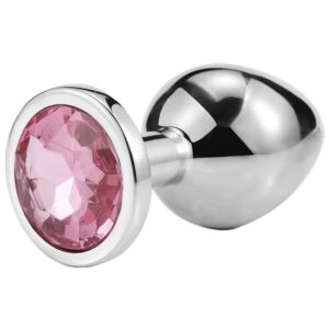 Серебристая анальная пробка iWonder c розовым кристаллом - 7,2 см.