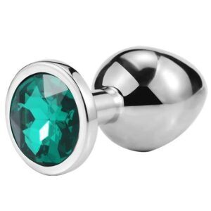 Серебристая анальная пробка iWonder c изумрудным кристаллом - 7,2 см.
