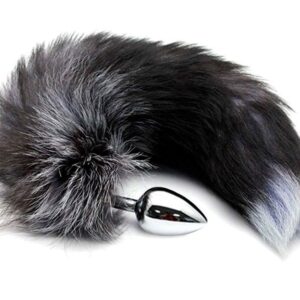 Серебристая анальная пробка с темным лисьим хвостом Black & White Fox Tail Size M