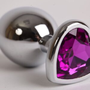 Серебристая анальная пробка с фиолетовым стразиком-сердечком - 8 см.