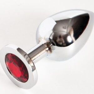Серебристая анальная пробка с красным стразом - 9,5 см.
