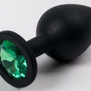 Черная силиконовая анальная пробка с зеленым кристаллом - 9,5 см.