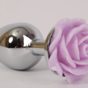 Серебристая анальная пробка с сиреневой розой - 9,5 см.