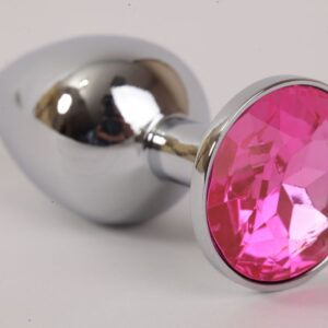 Серебряная металлическая анальная пробка с розовым стразиком - 9,5 см.