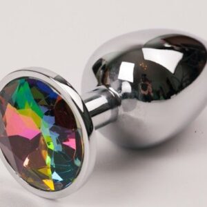 Серебряная металлическая анальная пробка с радужным стразиком - 8,2 см.