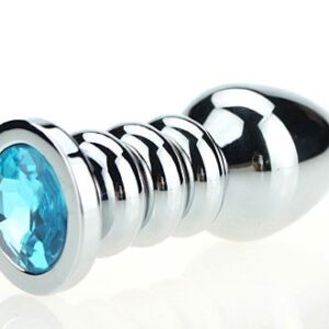 Серебристая фигурная анальная пробка с голубым кристаллом - 10,3 см.