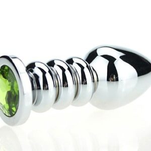 Серебристая фигурная анальная пробка с зелёным кристаллом - 10,3 см.