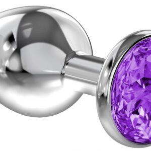 Малая серебристая анальная пробка Diamond Purple Sparkle Small с фиолетовым кристаллом - 7 см.