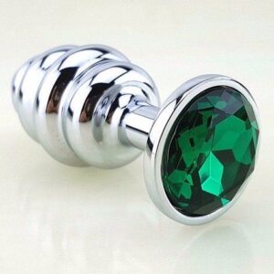 Серебристая фигурная анальная пробка с зеленым стразом - 8 см.