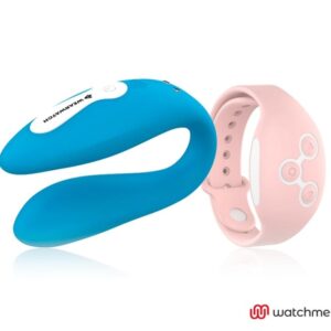 Голубой вибратор для пар с нежно-розовым пультом-часами Weatwatch Dual Pleasure Vibe