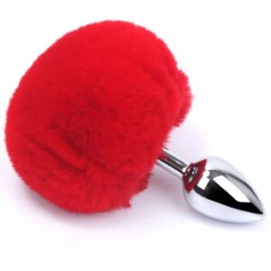 Серебристая анальная пробка iWonder c красным пушистым хвостиком - 7,2 см.